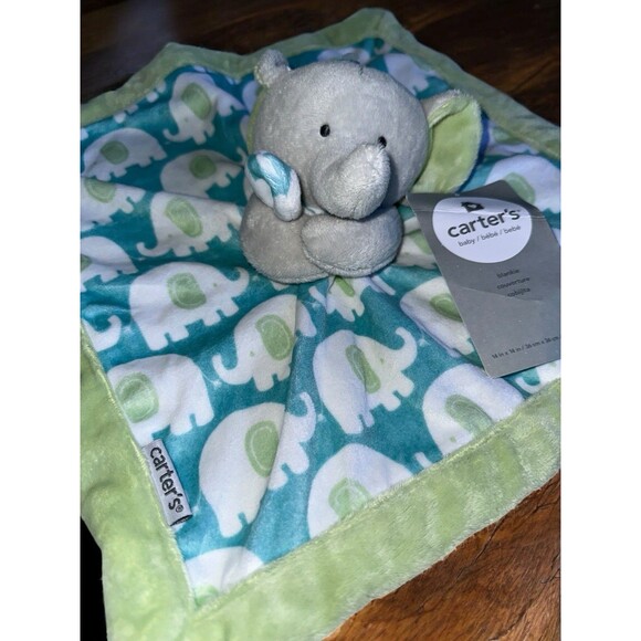 Carters Baby Elephant Lovey Security Blanket Green Blue Plush Comfort Toy - Picture 3 of 15